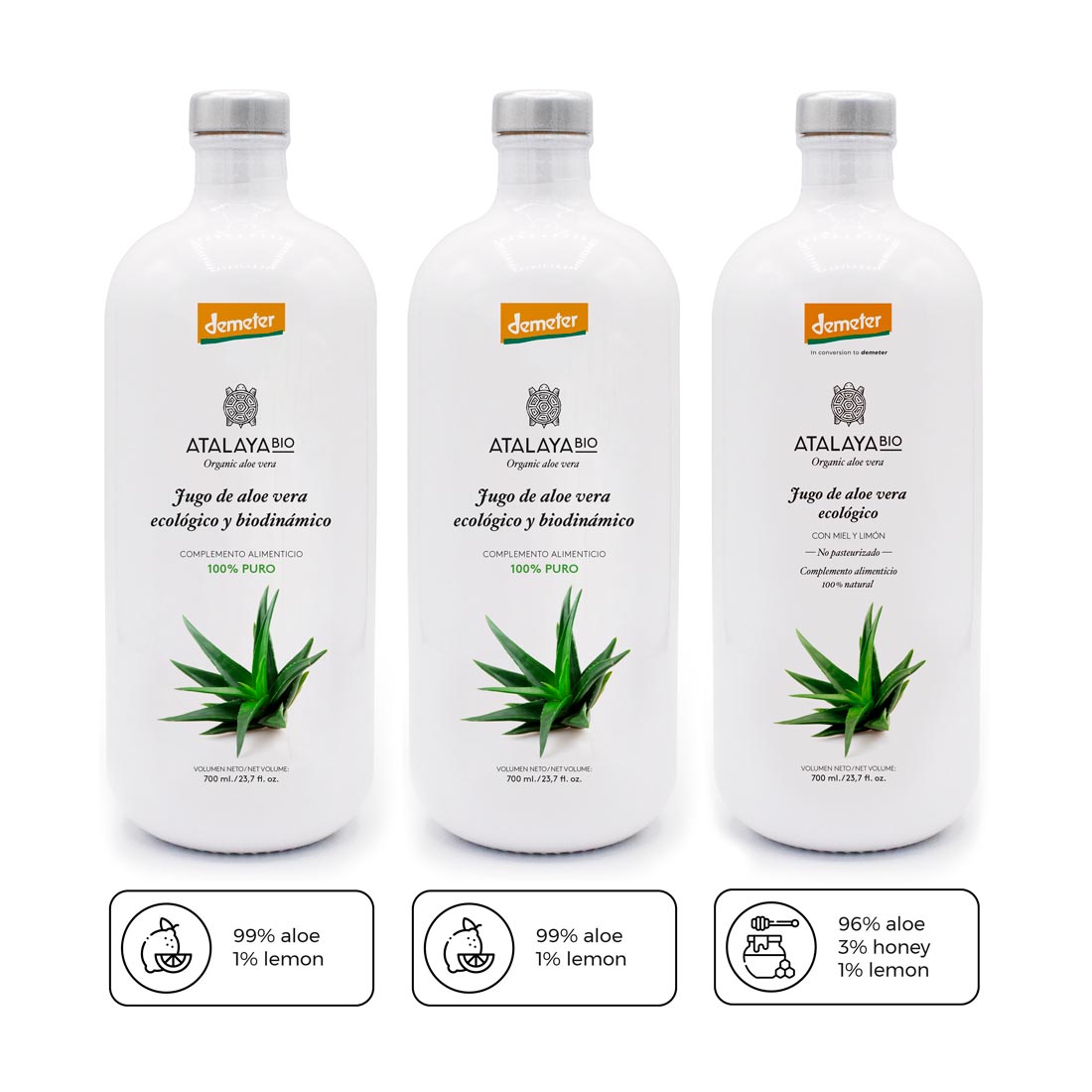 Biodynamic Pure Aloe Vera Juice 100 Natural Aloin Free Economy Pack x2 with lemon and x1 with honey